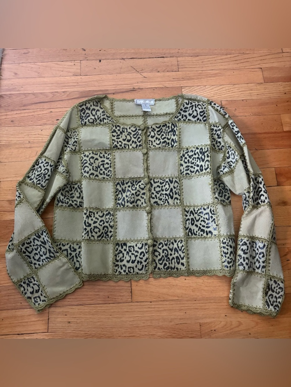 S.M.H Boutique Patchwork Leather Jacket Green Leopard Crochet Trim Boho Size XL